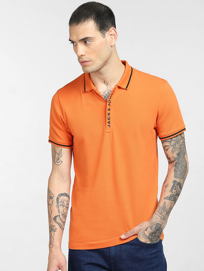 Orange Logo Print Polo T-shirt