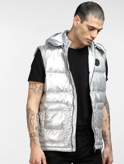 Silver Hooded Puffer Vest