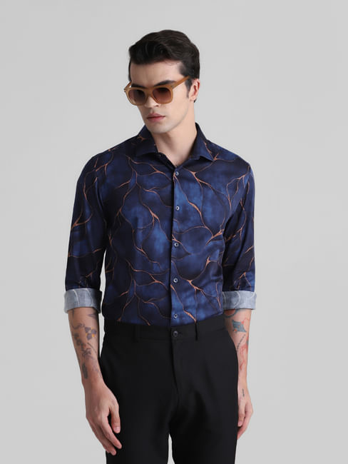Dark Blue Printed Full Sleeves Shirt