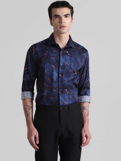 Dark Blue Printed Full Sleeves Shirt