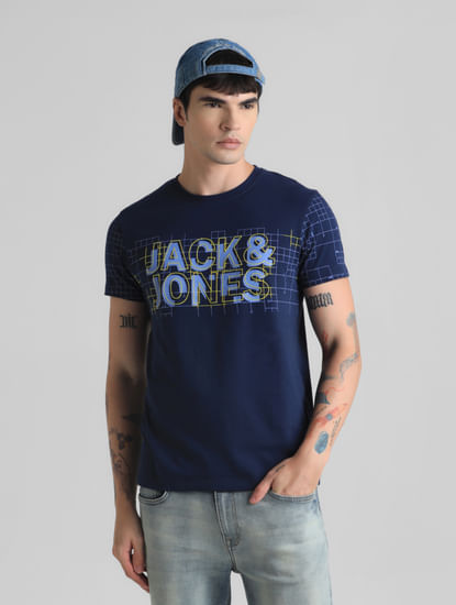 Blue Grid Print Crew Neck T-shirt