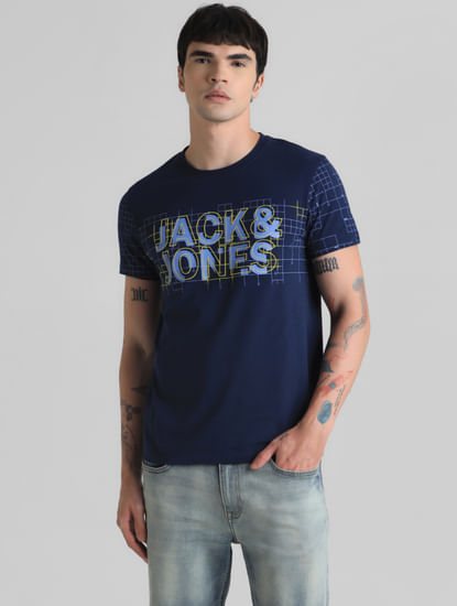 Blue Grid Print Crew Neck T-shirt