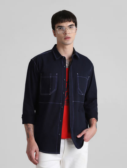 Blue Contrast Stitch Full Sleeves Shirt