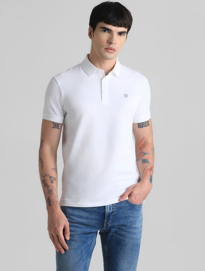 White Ribbed Sleeve Polo T-shirt