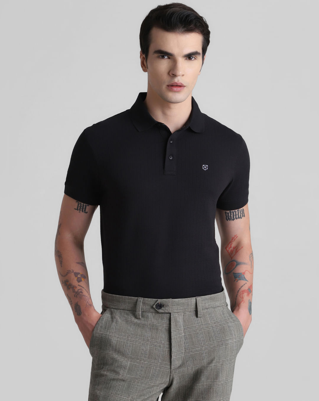 Black Ribbed Sleeve Polo T-shirt|296359502