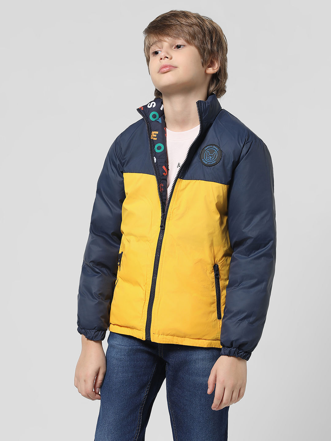 Navy Blue Printed Reversible Puffer Jacket