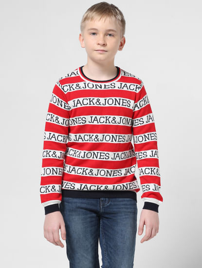 Red Striped Logo Text Pullover