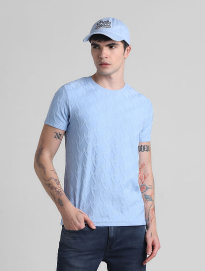 Blue Jacquard Crew Neck T-shirt