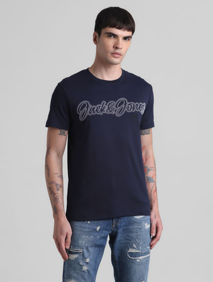Navy Blue Logo Print Crew Neck T-shirt