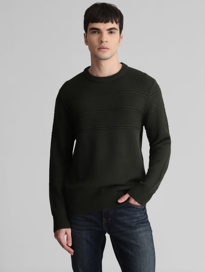 Dark Green Knit Crew Neck Sweater