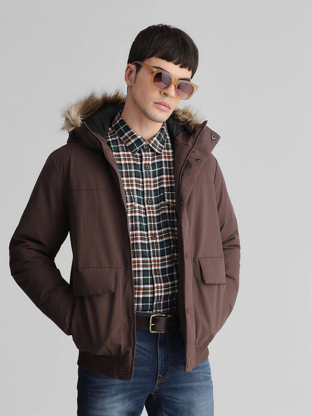 Dark Brown Faux Fur Hooded Jacket|247242702