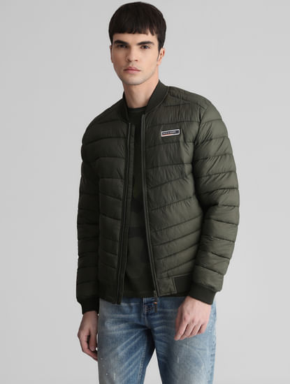 Dark Green Quilted Bomber Jacket