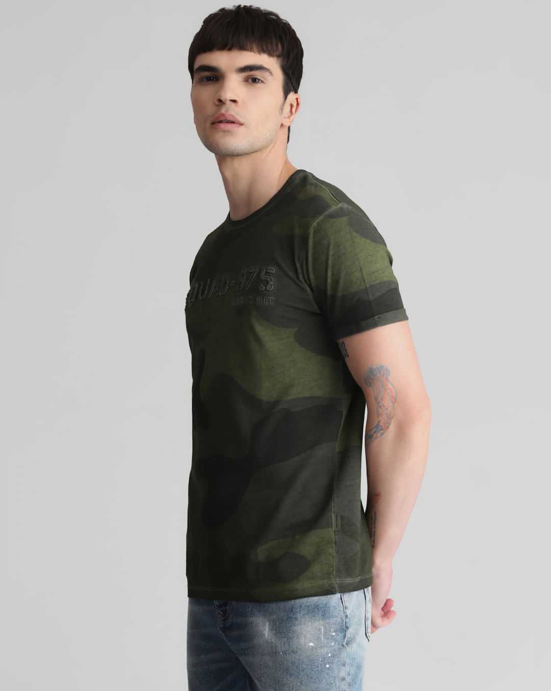 Green Camo Print Crew Neck T-shirt