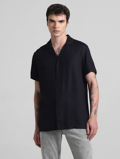 Black Cotton Short Sleeves Shirt