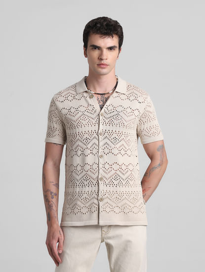 Beige Jacquard Cotton Polo T-shirt