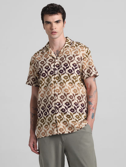 Beige Printed Short Sleeves Shirt