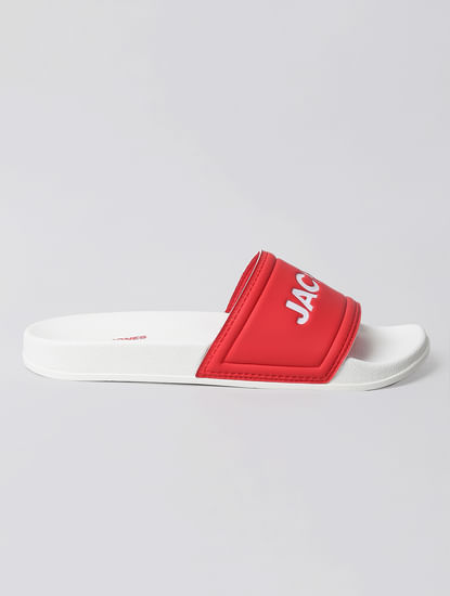 White & Red Logo Print Sliders