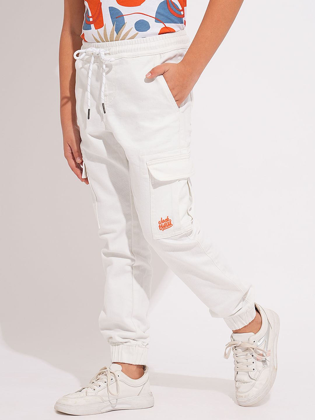 Boys White Patch Pocket Denim Joggers