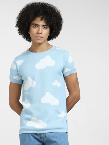 Light Blue Cloud Print Knit T-shirt