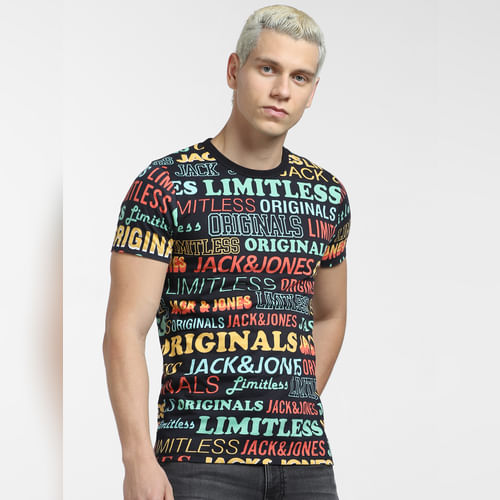 JACK&JONES METAVERSE Black Typographic Logo Crew Neck T-shirt