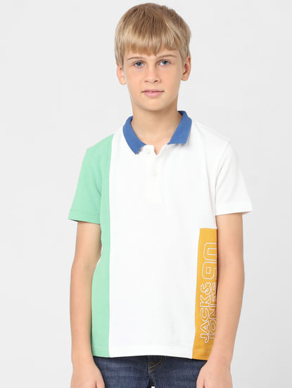 Boys White Colourblocked Polo T-shirt