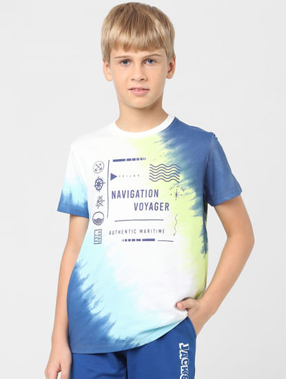 Boys White Printed Crew Neck T-shirt