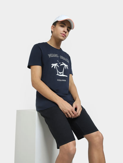 Navy Blue Printed Crew Neck T-shirt