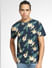 Navy Blue Tropical Print Crew Neck T-shirt_405330+2