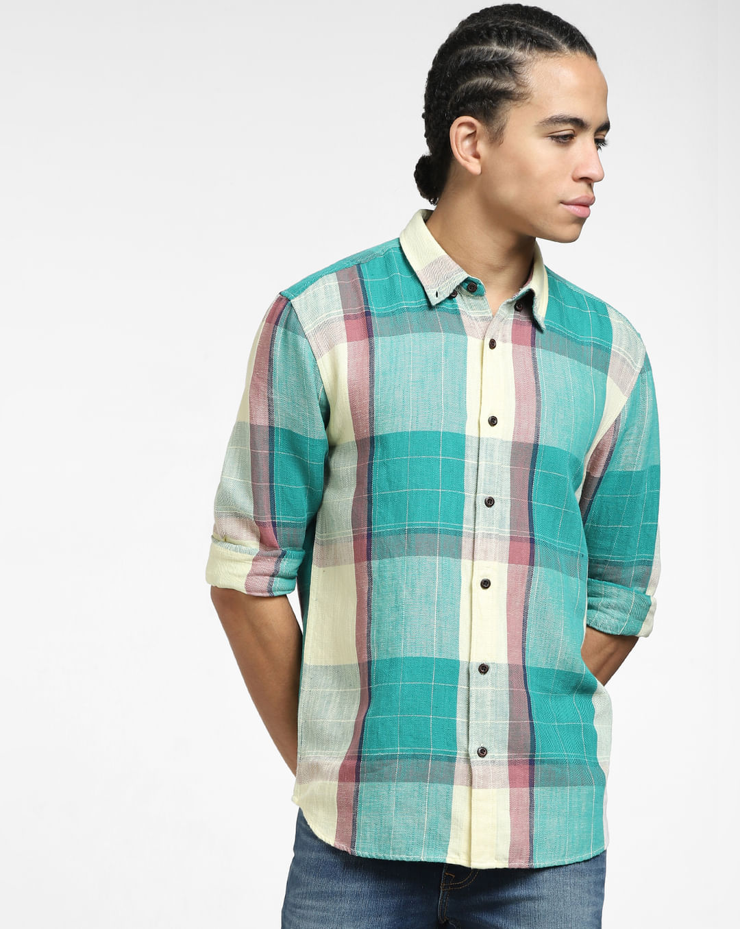 Buy Green Check Print Linen Shirt for Men