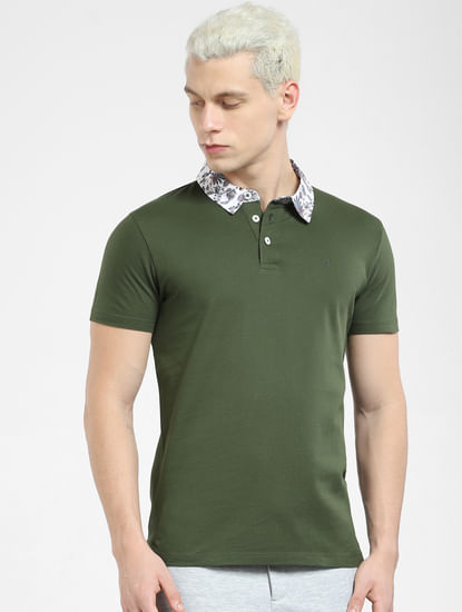 Dark Green Floral Collar Polo T-shirt