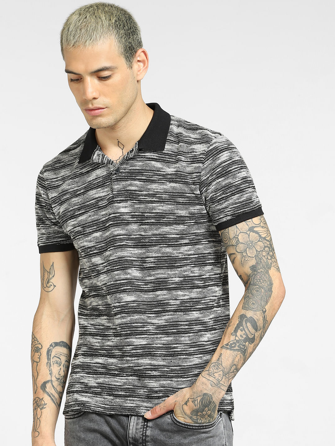 gray and black striped polo