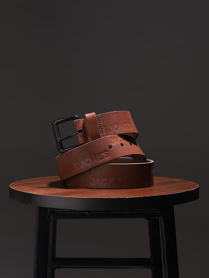 Brown Textured Logo Leather Belt