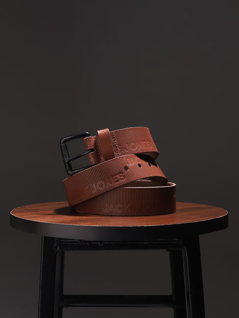 Brown Textured Logo Leather Belt