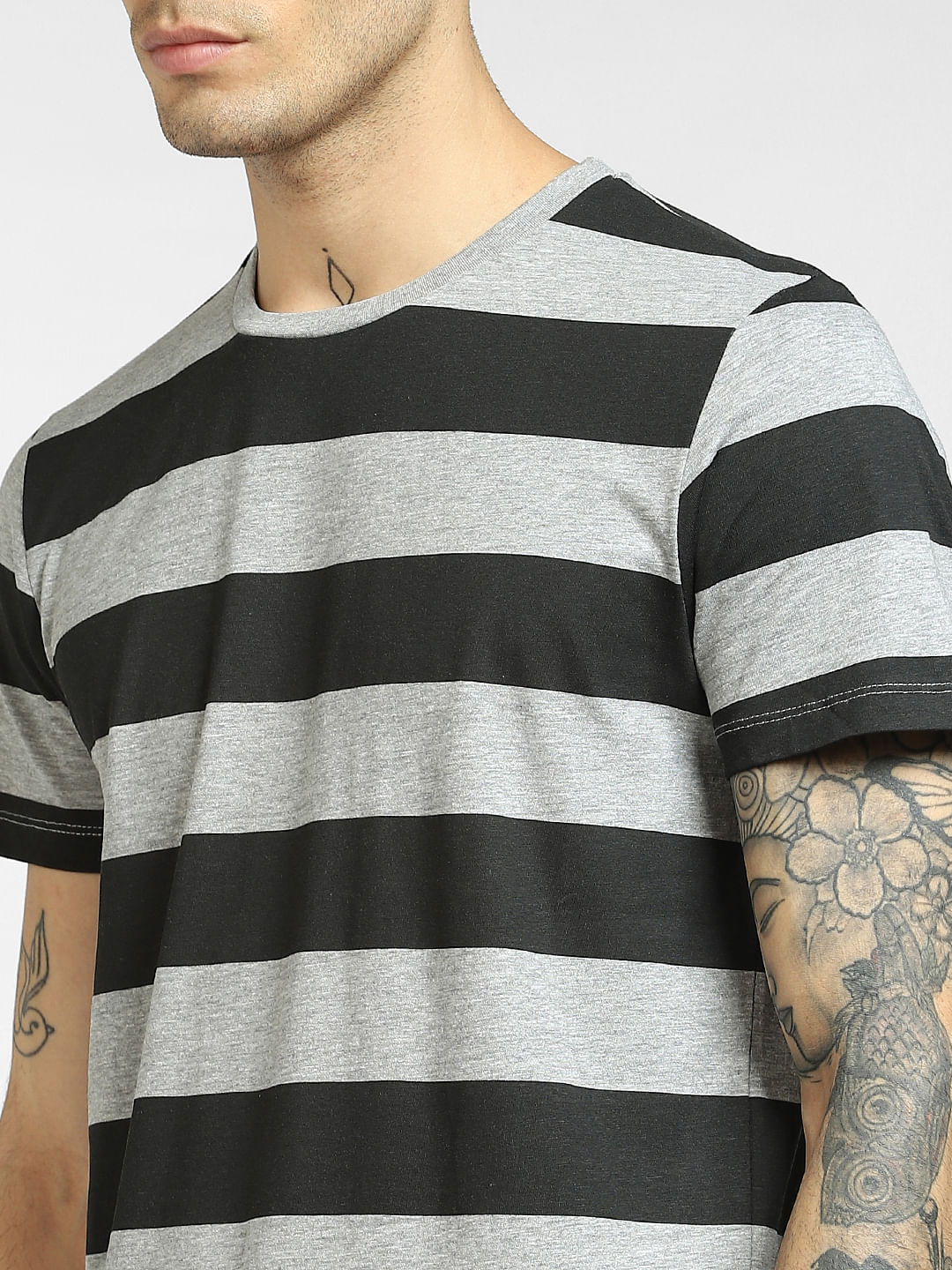 Buy Grey Striped Crew Neck T shirt for Men