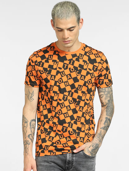 Orange All Over Print Crew Neck T-shirt