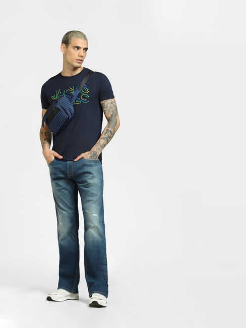 Blue High Rise Distressed Bootcut Jeans