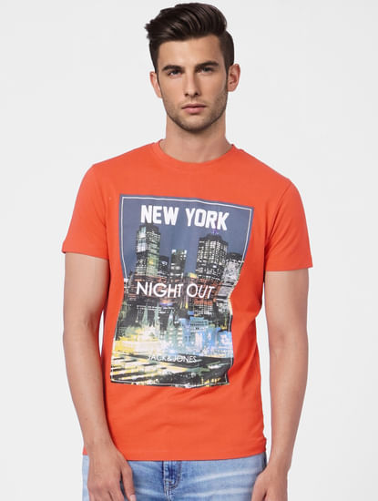 Orange Graphic Crew Neck T-shirt