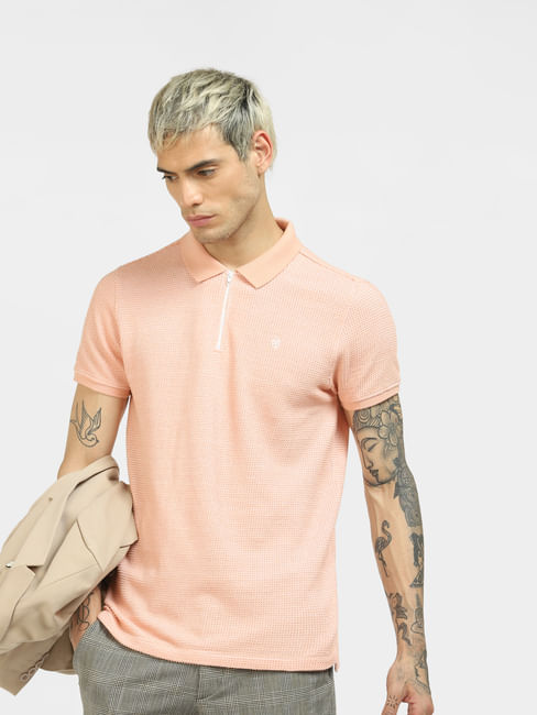 Peach Textured Knit Polo Neck T-shirt