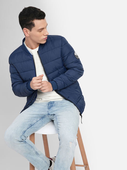 Navy Blue Quilted Bomber Jacket