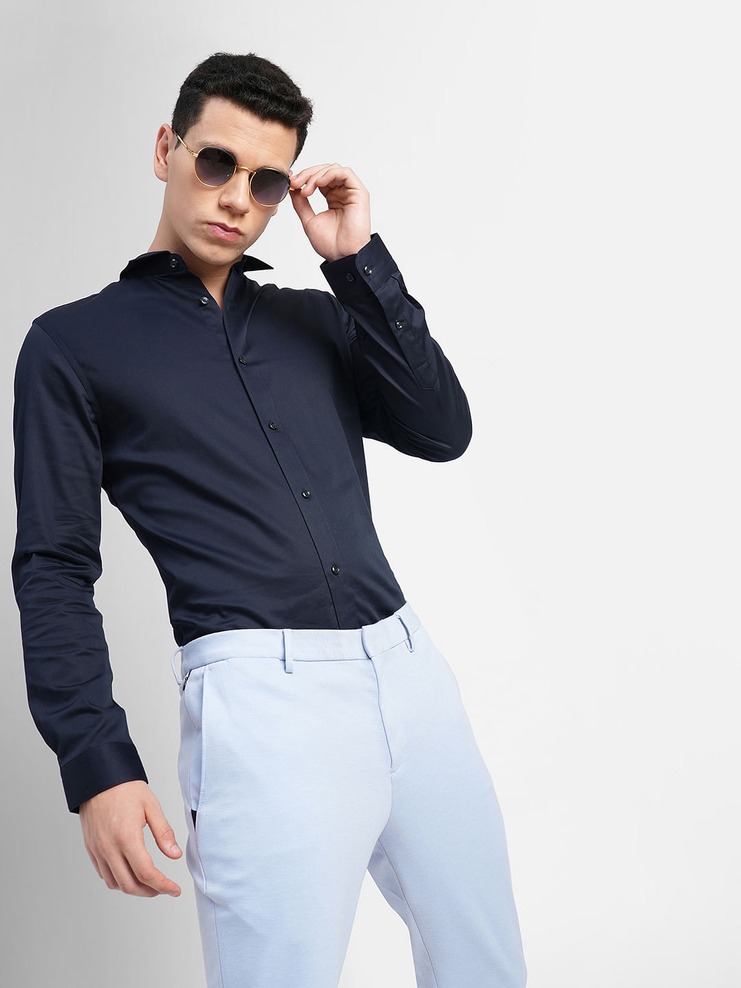 Black Formal Shirt - Best Navy Solid Satin Formal Men Shirt – Indian Threads