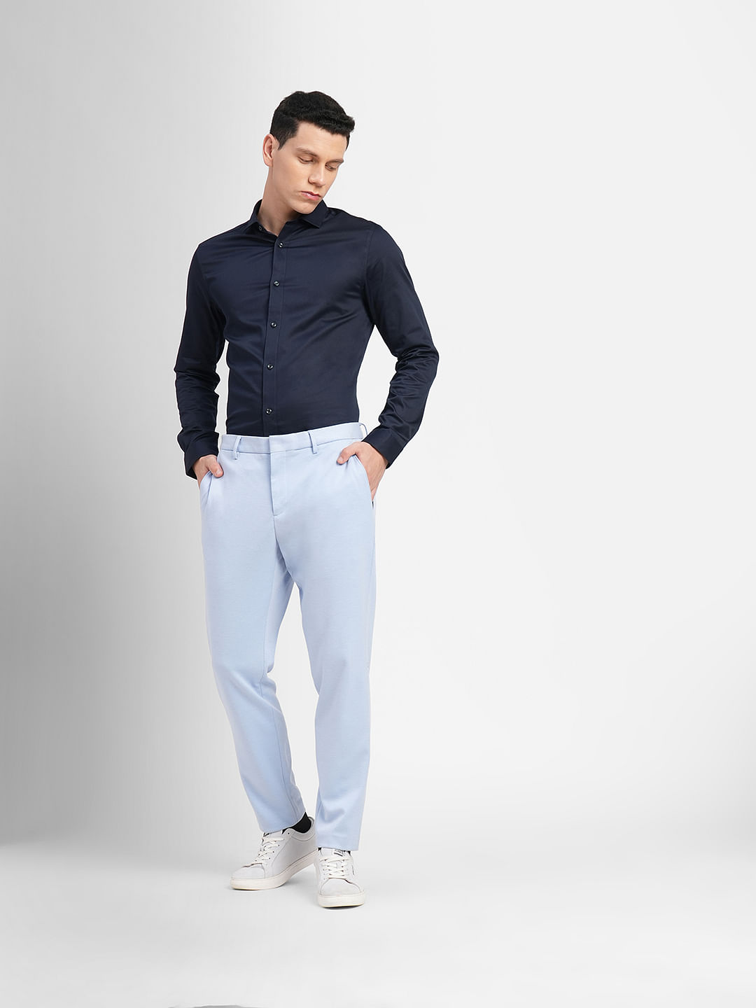 blue pant white shirt with blazer