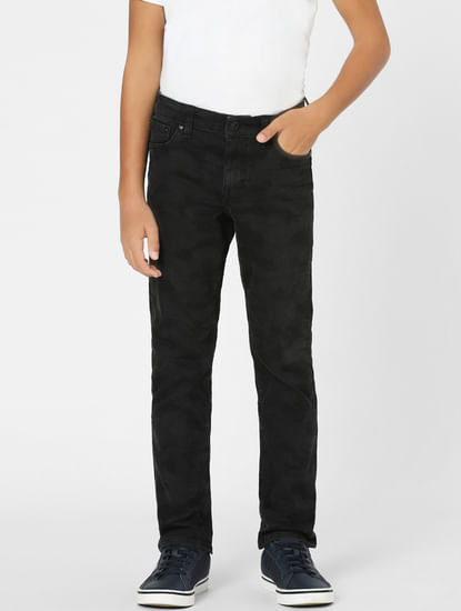 Boys Black Mid Rise Camo Print Regular Fit Jeans
