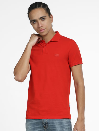 Red Logo Print Polo Neck T-shirt