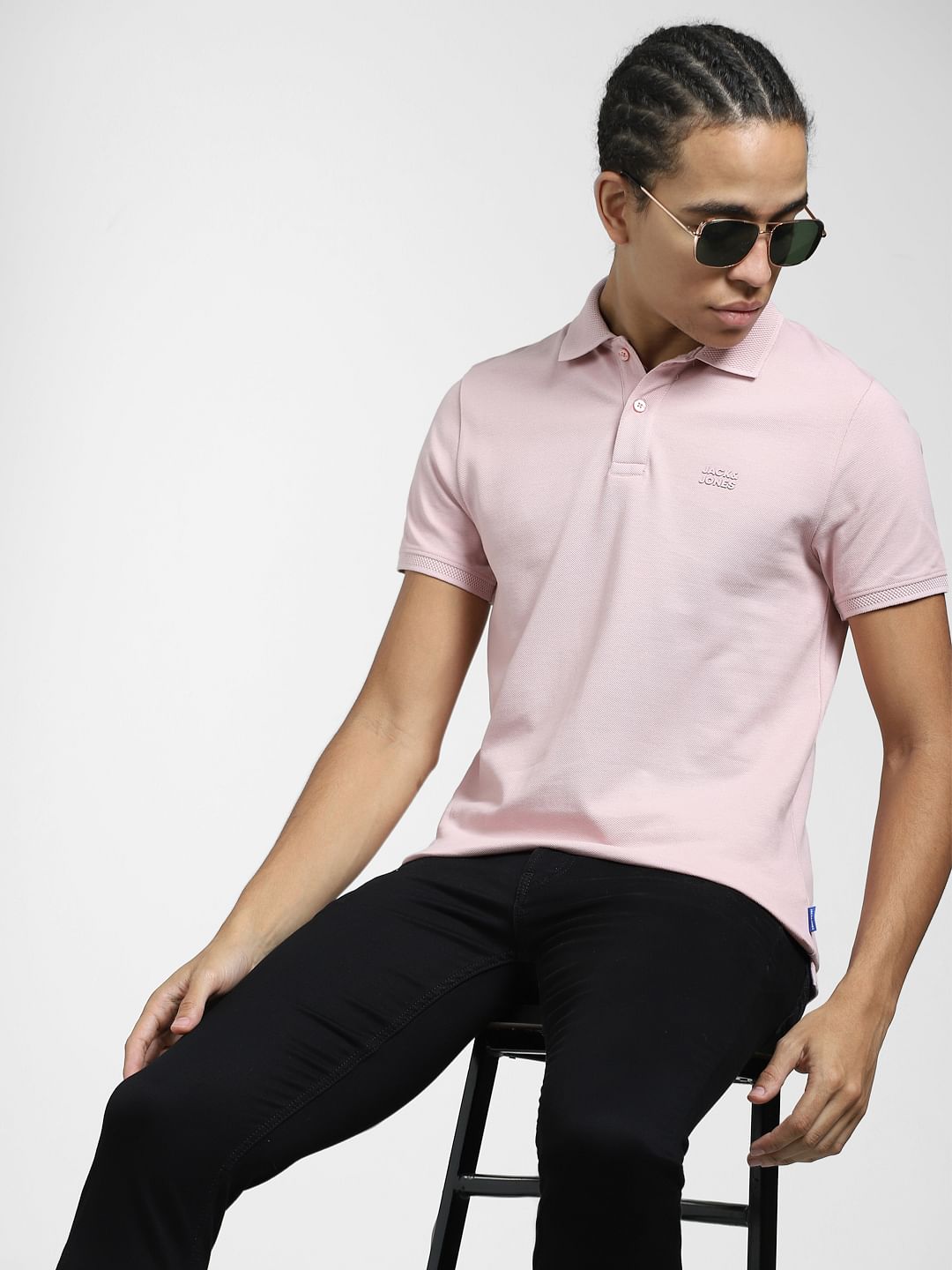 Light Pink Logo Print Polo Neck T shirt