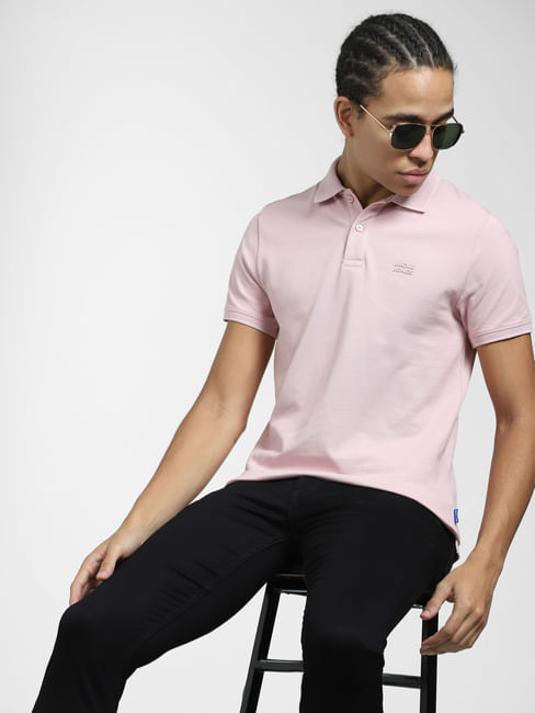 Light Pink Logo Print Polo Neck T-shirt
