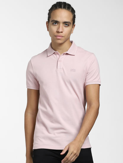 Light Pink Logo Print Polo Neck T-shirt