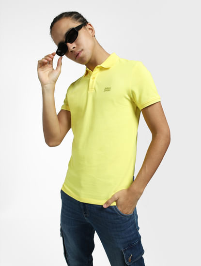 Yellow Logo Print Polo Neck T-shirt