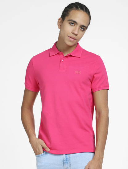 Bright Pink Logo Print Polo Neck T-shirt