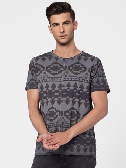 Grey Aztec Print Crew Neck T-shirt