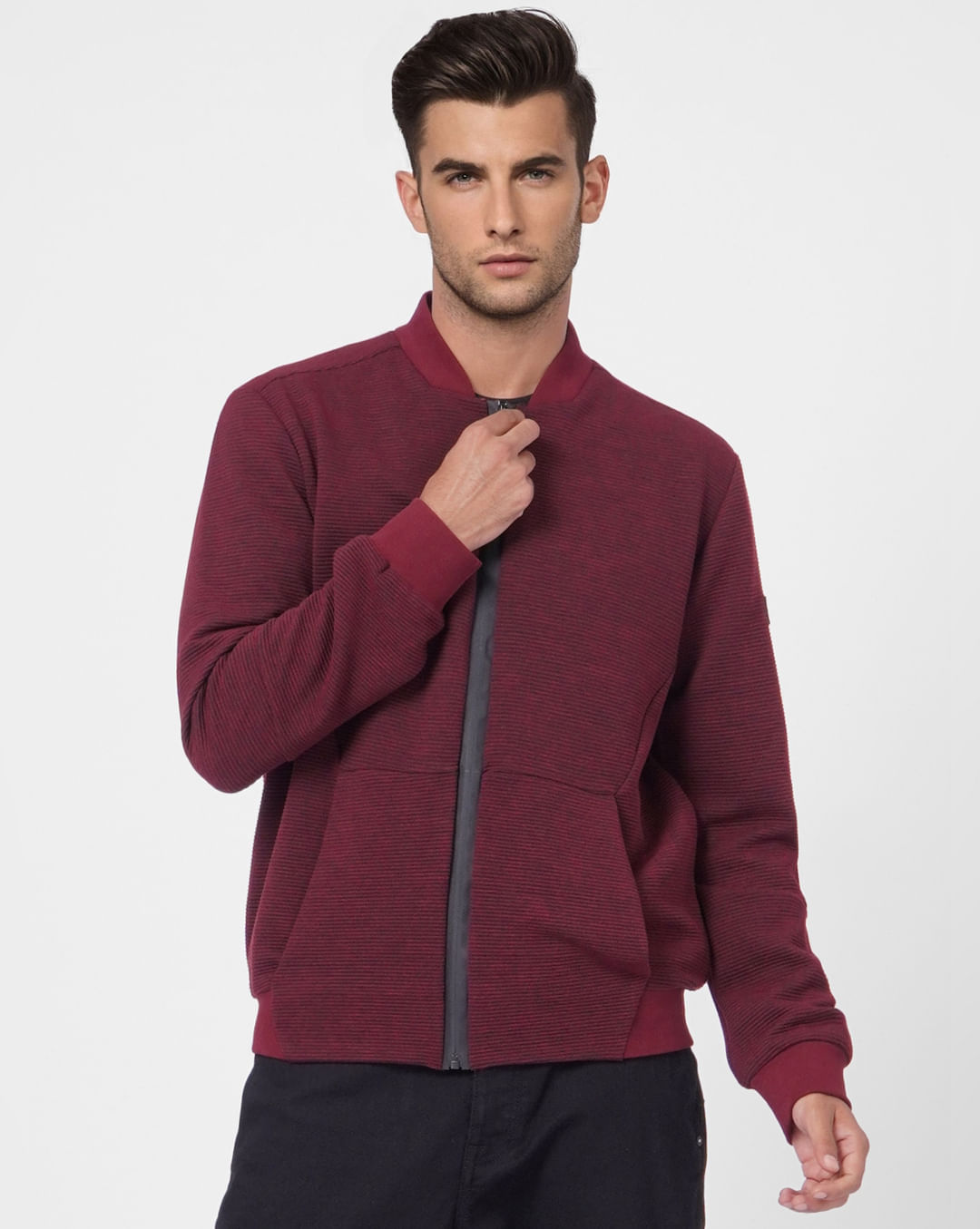 Buy Red Textured Knit Bomber Jacket for Men
